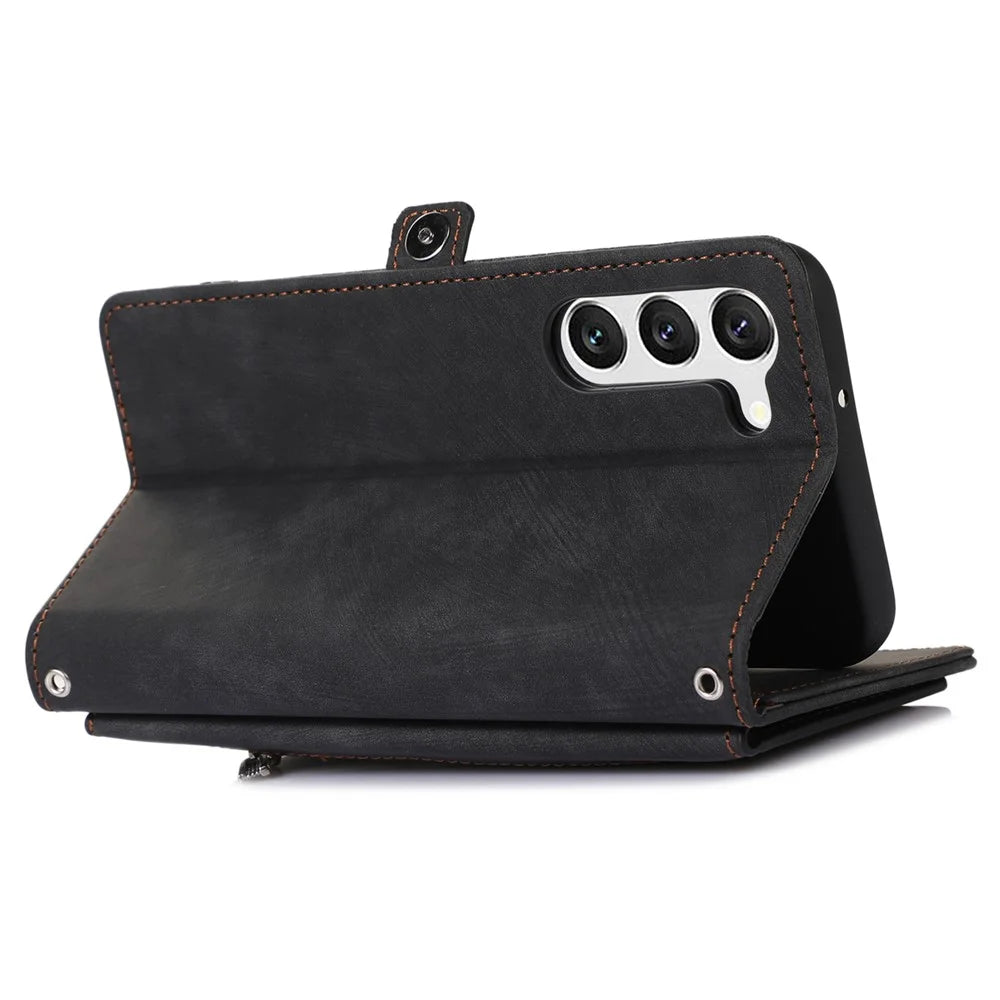 For Samsung Galaxy S23+ Zipper Pocket Wallet Magnetic Clasp Case 9 Card Slots Stand PU Leather Phone Cover with Wrist Strap - Black - 4
