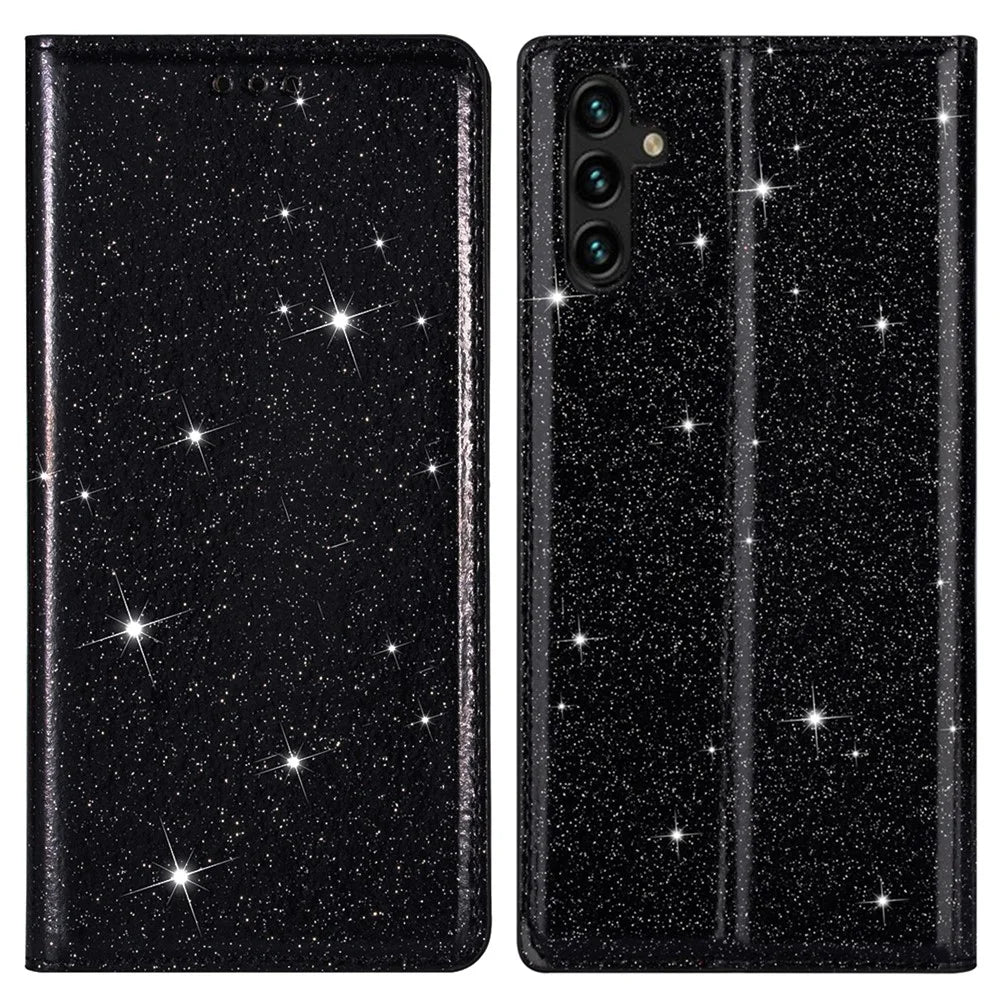 For Samsung Galaxy A34 5G Glitter PU Leather Slim Phone Case Card Holder Stand Magnetic Absorption Shockproof Cover - Black - 1