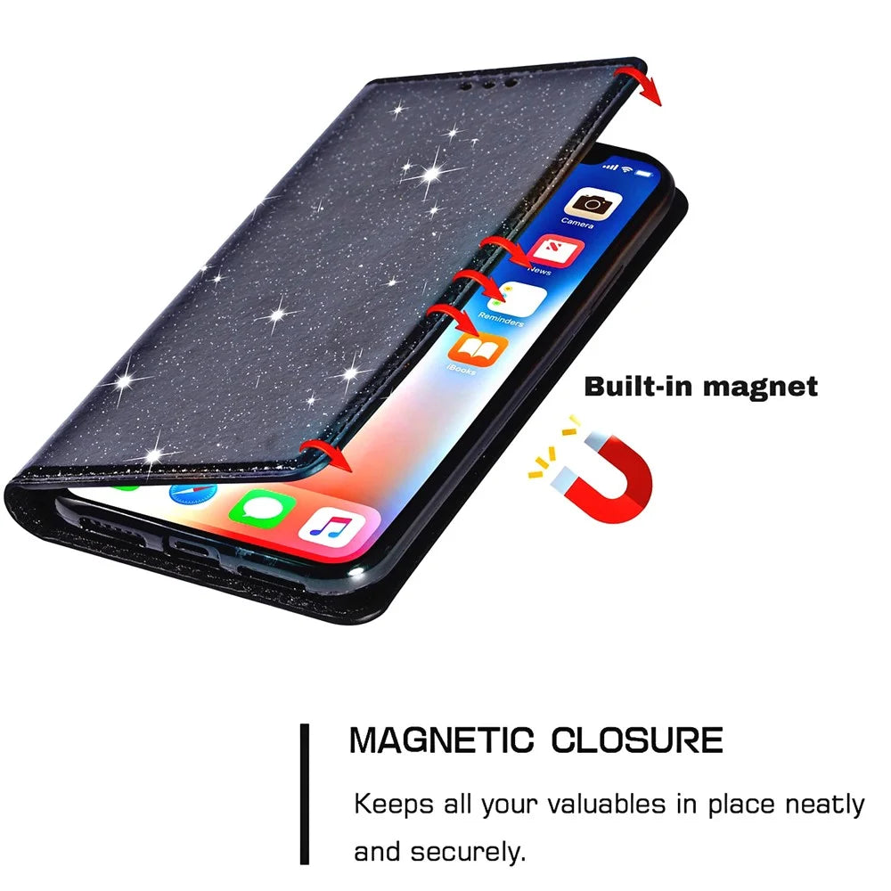 For Samsung Galaxy A34 5G Glitter PU Leather Slim Phone Case Card Holder Stand Magnetic Absorption Shockproof Cover - Black - 4