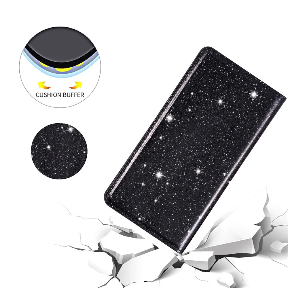 For Samsung Galaxy A34 5G Glitter PU Leather Slim Phone Case Card Holder Stand Magnetic Absorption Shockproof Cover - Black - 5