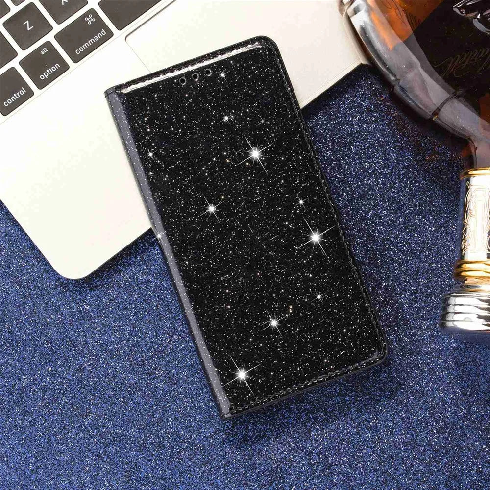 For Samsung Galaxy A34 5G Glitter PU Leather Slim Phone Case Card Holder Stand Magnetic Absorption Shockproof Cover - Black - 6