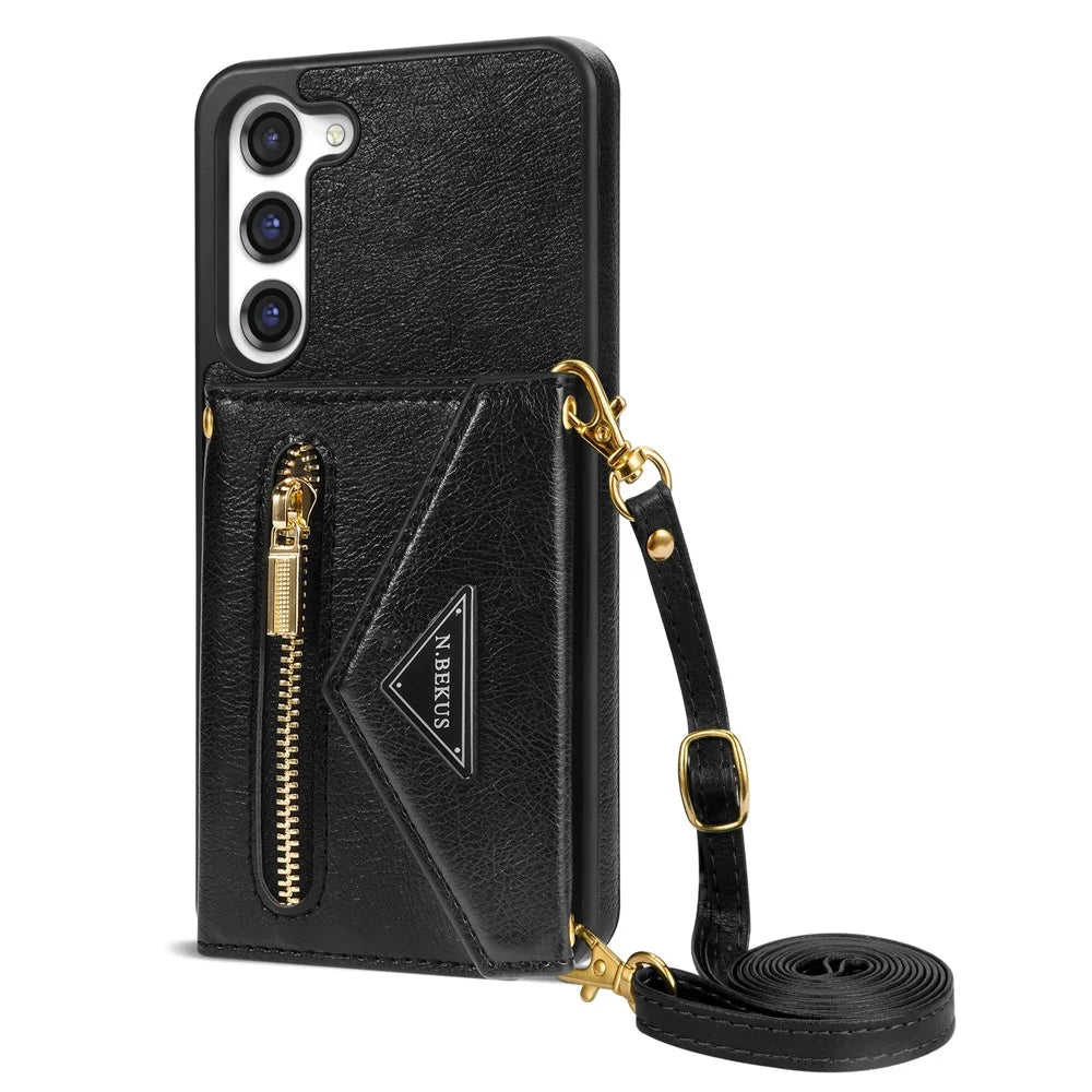N.BEKUS for Samsung Galaxy S23+ Anti-scratch PU Leather Coated TPU Cover Zipper Pocket Wallet Kickstand Phone Case with Shoulder Strap - Black - 1