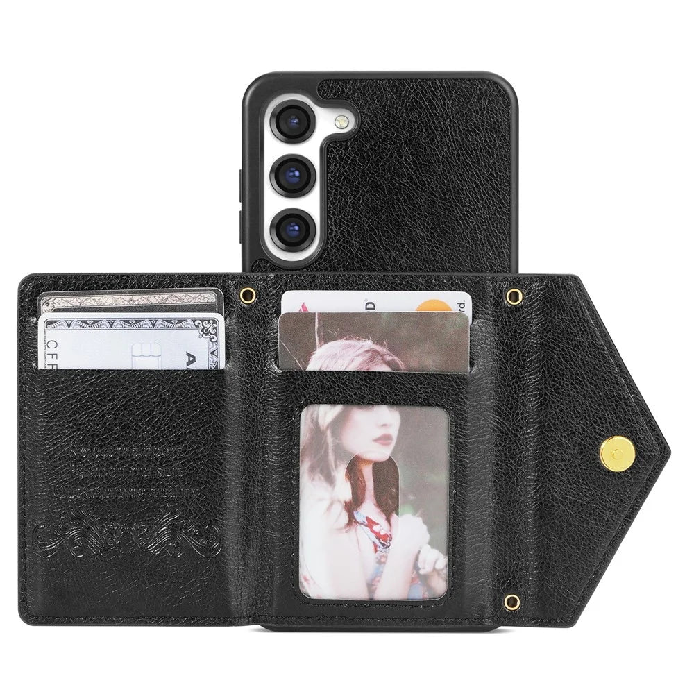 N.BEKUS for Samsung Galaxy S23+ Anti-scratch PU Leather Coated TPU Cover Zipper Pocket Wallet Kickstand Phone Case with Shoulder Strap - Black - 2