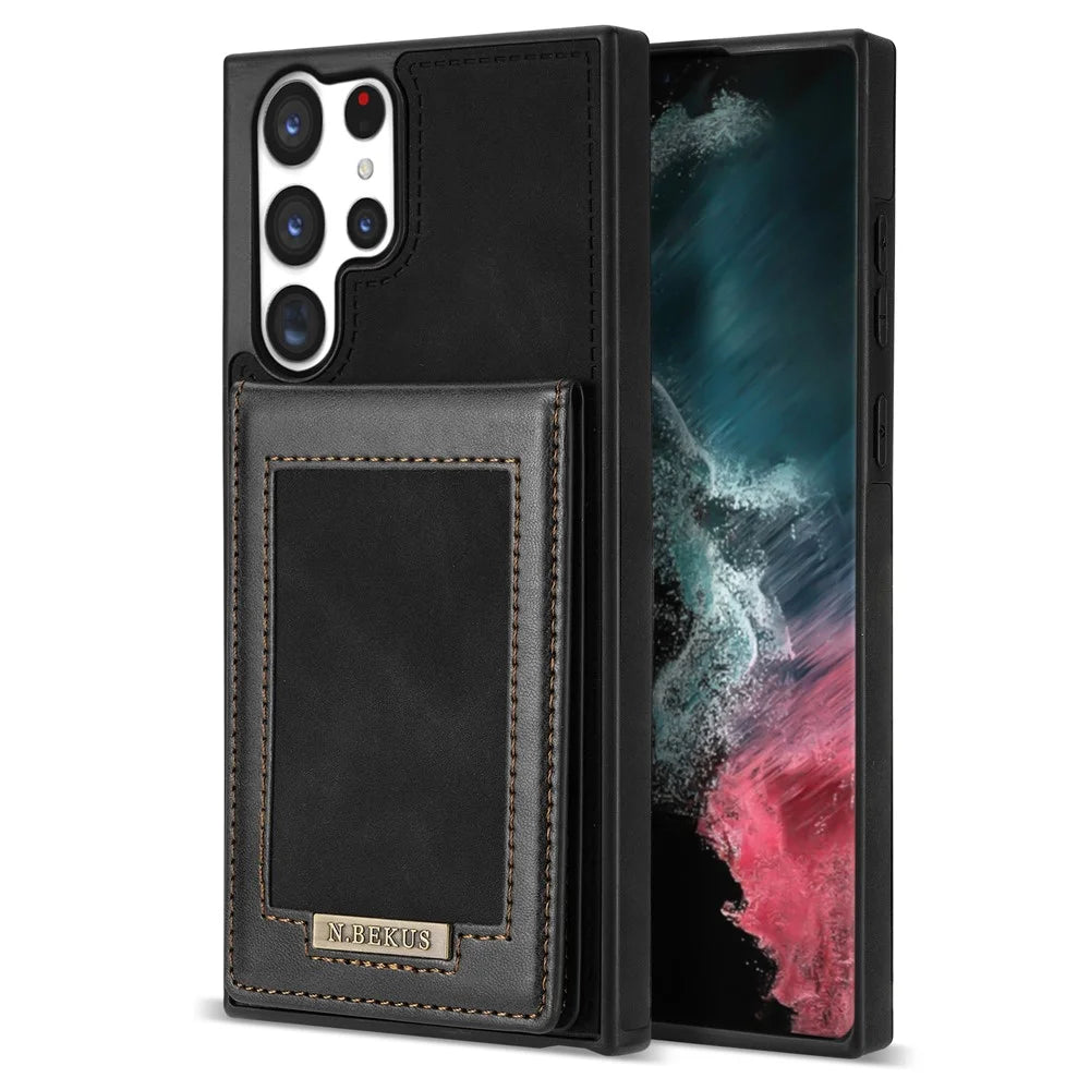 N.BEKUS for Samsung Galaxy S23 Ultra RFID Blocking Card Holder Kickstand Phone Case PU Leather Coated TPU Cover - Black - 1