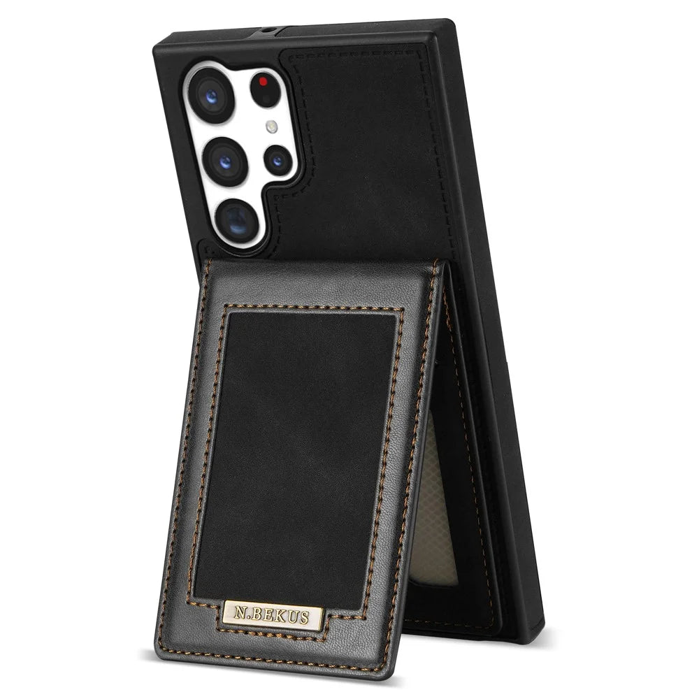 N.BEKUS for Samsung Galaxy S23 Ultra RFID Blocking Card Holder Kickstand Phone Case PU Leather Coated TPU Cover - Black - 2