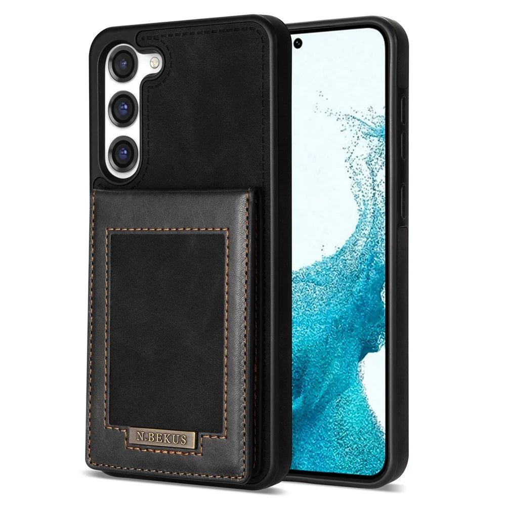 N.BEKUS for Samsung Galaxy S23+ RFID Blocking Card Holder Kickstand PU Leather Coated TPU Case Shockproof Phone Cover - Black - 1