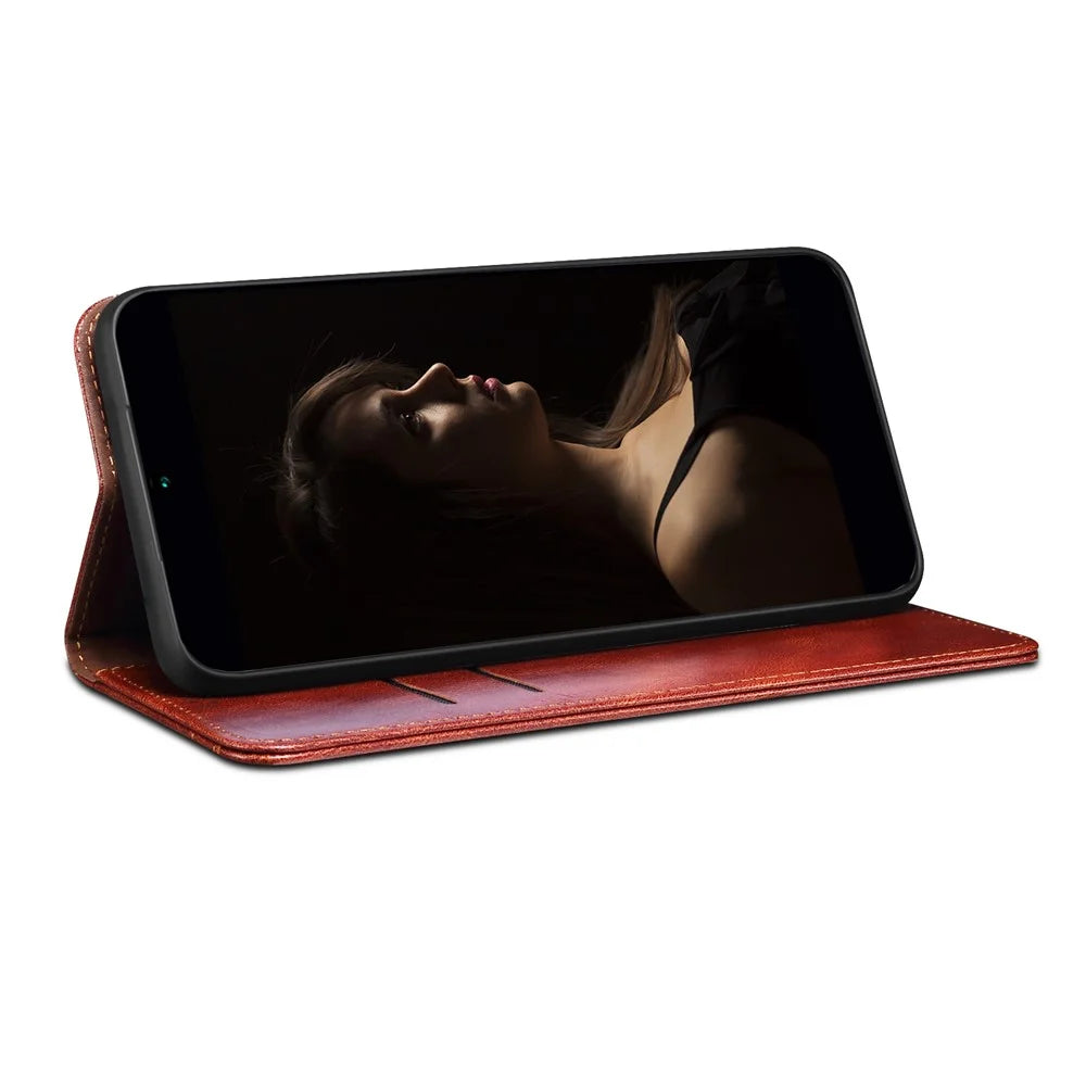 For Samsung Galaxy S23 Ultra Shockproof Waxy Crazy Horse Texture Phone Case Stand Wallet PU Leather Magnetic Auto-absorbed Folio Flip Phone Cover - Brown - 3