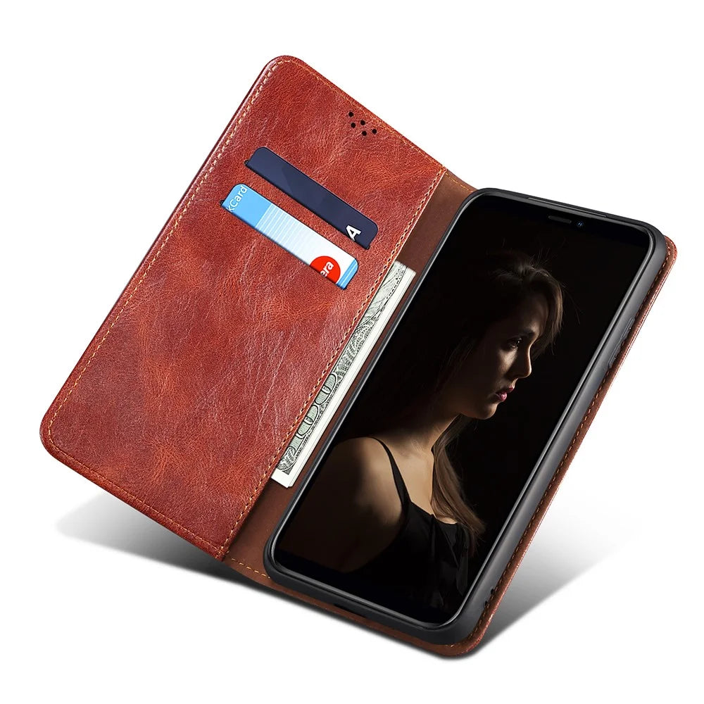 For Samsung Galaxy S23 Ultra Shockproof Waxy Crazy Horse Texture Phone Case Stand Wallet PU Leather Magnetic Auto-absorbed Folio Flip Phone Cover - Brown - 4