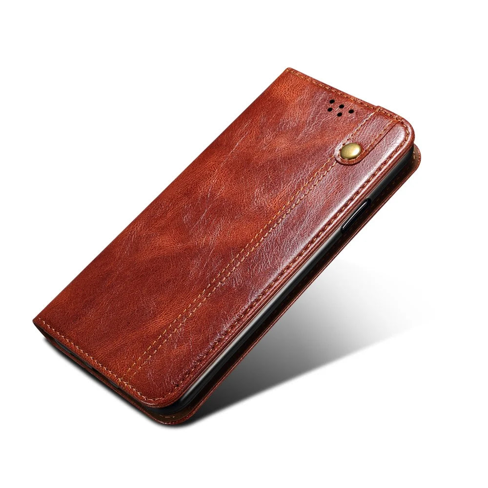 For Samsung Galaxy S23 Ultra Shockproof Waxy Crazy Horse Texture Phone Case Stand Wallet PU Leather Magnetic Auto-absorbed Folio Flip Phone Cover - Brown - 6