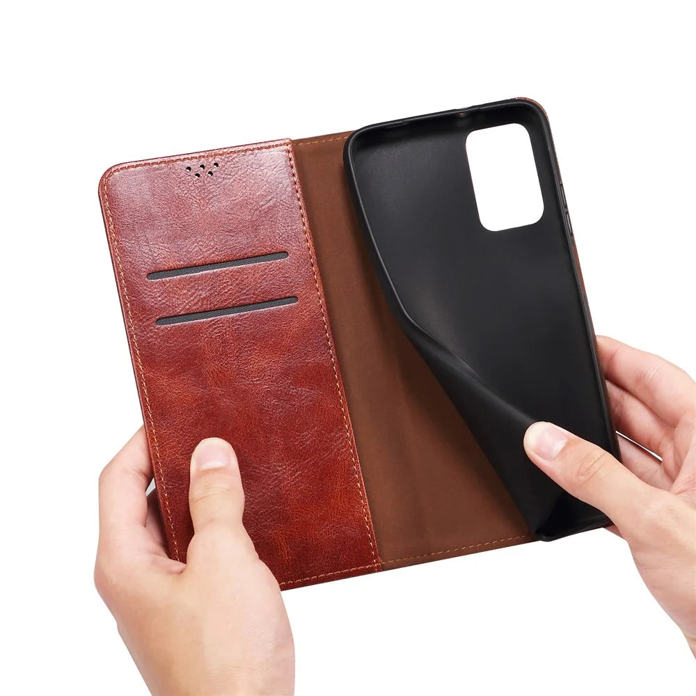 For Samsung Galaxy S23 Ultra Shockproof Waxy Crazy Horse Texture Phone Case Stand Wallet PU Leather Magnetic Auto-absorbed Folio Flip Phone Cover - Brown - 7