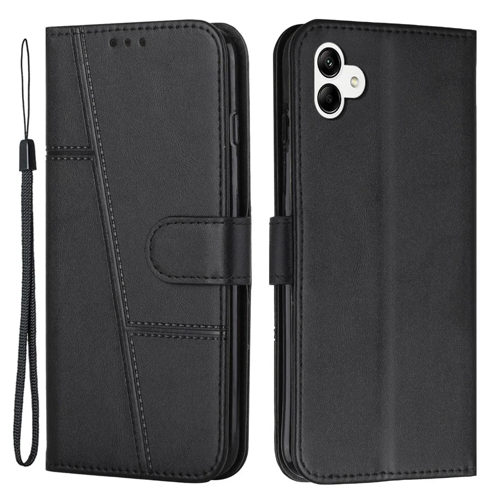 For Samsung Galaxy A04e 4G / F04 4G / M04 4G Wallet Phone Case Magnetic Clasp Foldable Stand Imprinted Stitching Line PU Leather Cover with Strap - Black - 1