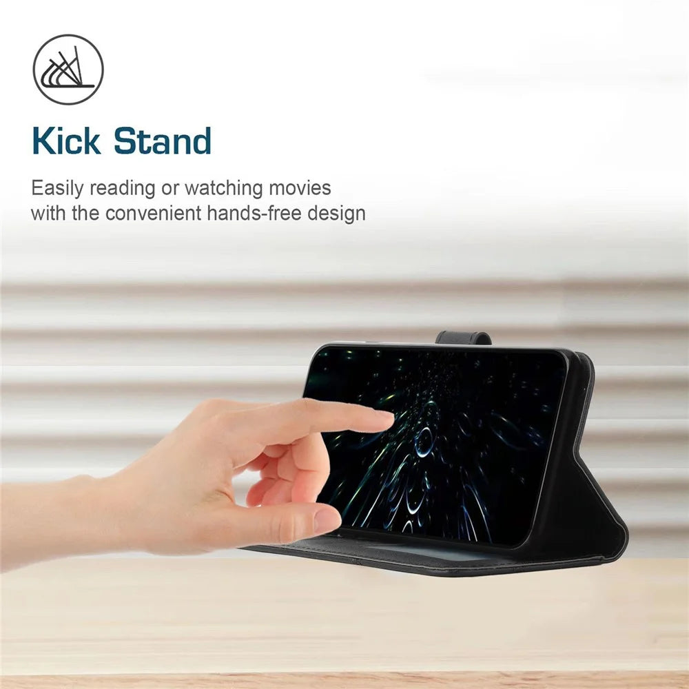 For Samsung Galaxy A04e 4G / F04 4G / M04 4G Wallet Phone Case Magnetic Clasp Foldable Stand Imprinted Stitching Line PU Leather Cover with Strap - Black - 4