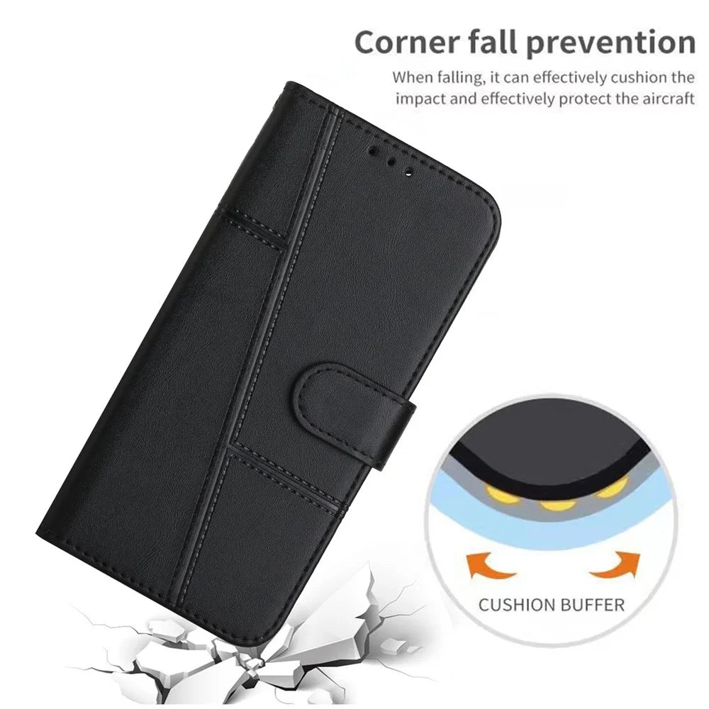 For Samsung Galaxy A04e 4G / F04 4G / M04 4G Wallet Phone Case Magnetic Clasp Foldable Stand Imprinted Stitching Line PU Leather Cover with Strap - Black - 7