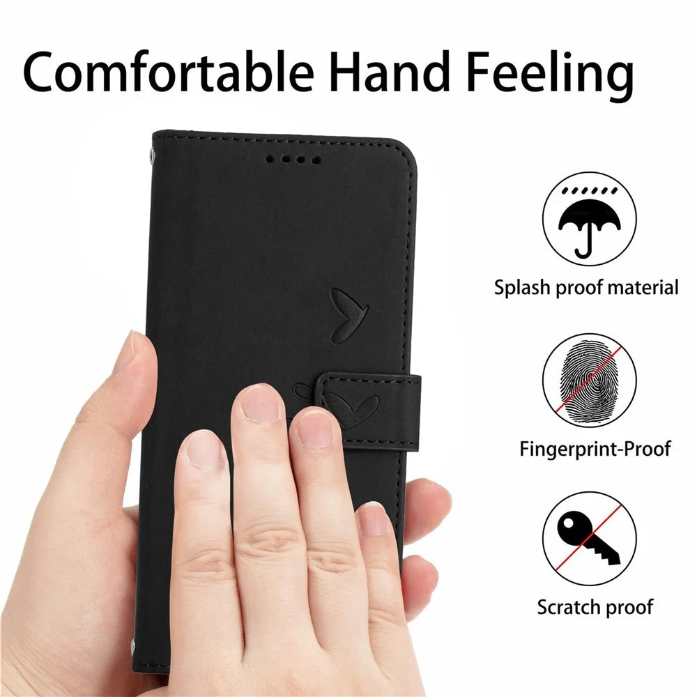 For Samsung Galaxy A34 5G Full Protection PU Leather Wallet Phone Case Imprinted Heart Shape Skin-touch Feeling Stand Cover with Strap - Black - 7