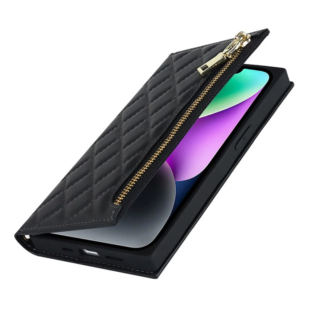For iPhone 14 Rhombus Imprinted Phone Case PU Leather Zipper Pocket Wallet Stand Drop-proof Flip Phone Cover with Shoulder Strap - Black - 6