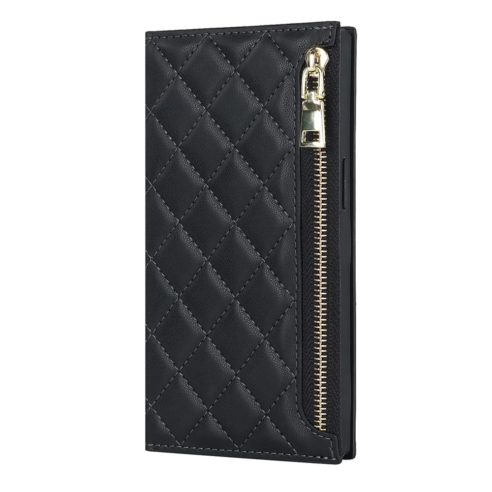 For iPhone 14 Rhombus Imprinted Phone Case PU Leather Zipper Pocket Wallet Stand Drop-proof Flip Phone Cover with Shoulder Strap - Black - 7