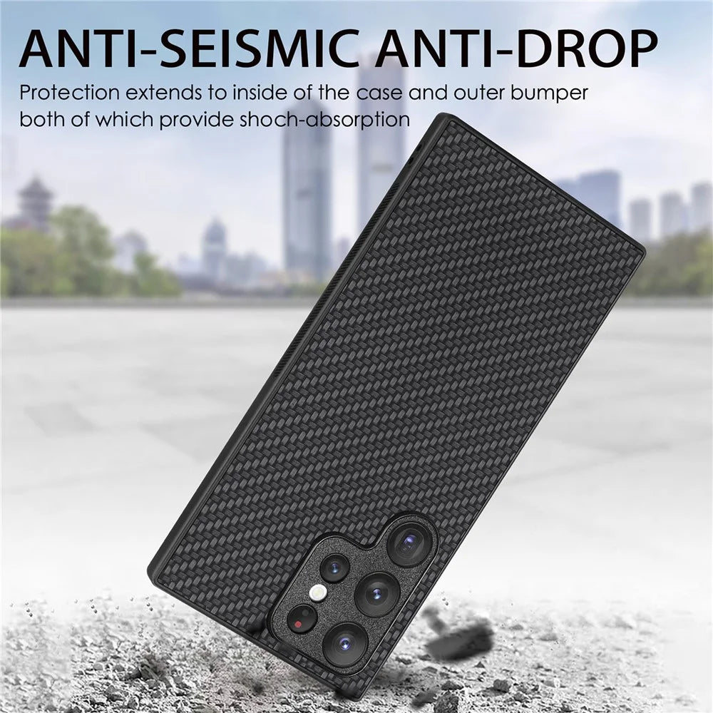 Carbon Fiber Texture Phone Case for Samsung Galaxy S23 Ultra, PU Leather Coated Soft TPU Anti-drop Protective Cover - Black - 6