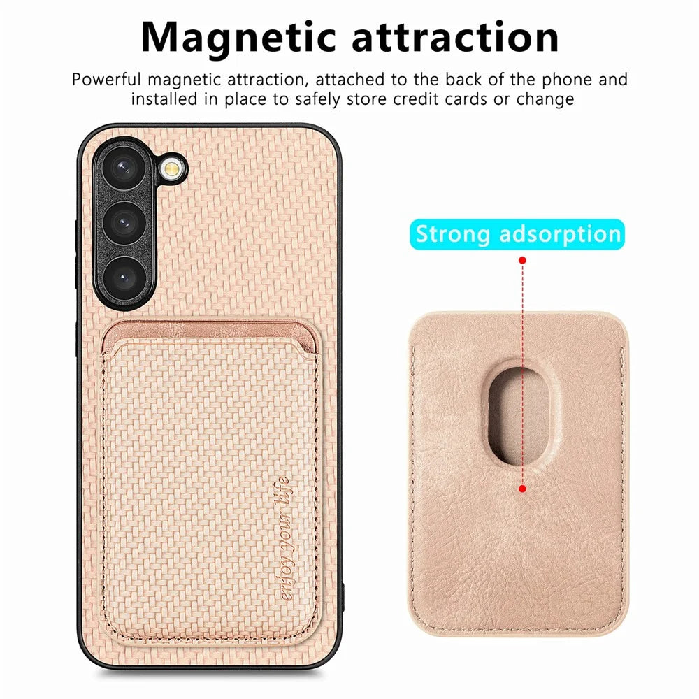 For Samsung Galaxy S23 Carbon Fiber Texture PU Leather + TPU + PVC Phone Case with Magnetic Detachable Card Holder - Khaki - 3