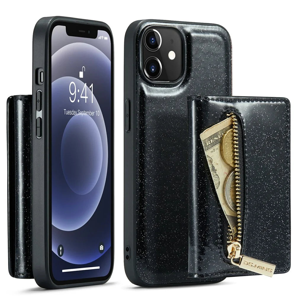DG.MING M3 Series For iPhone 12 / 12 Pro 6.1 inch 2-in-1 Glittery PU Leather Coated PC+TPU Drop Proof Back Case Kickstand Design Magnetic Detachable Zipper Wallet Phone Cover - Black - 1