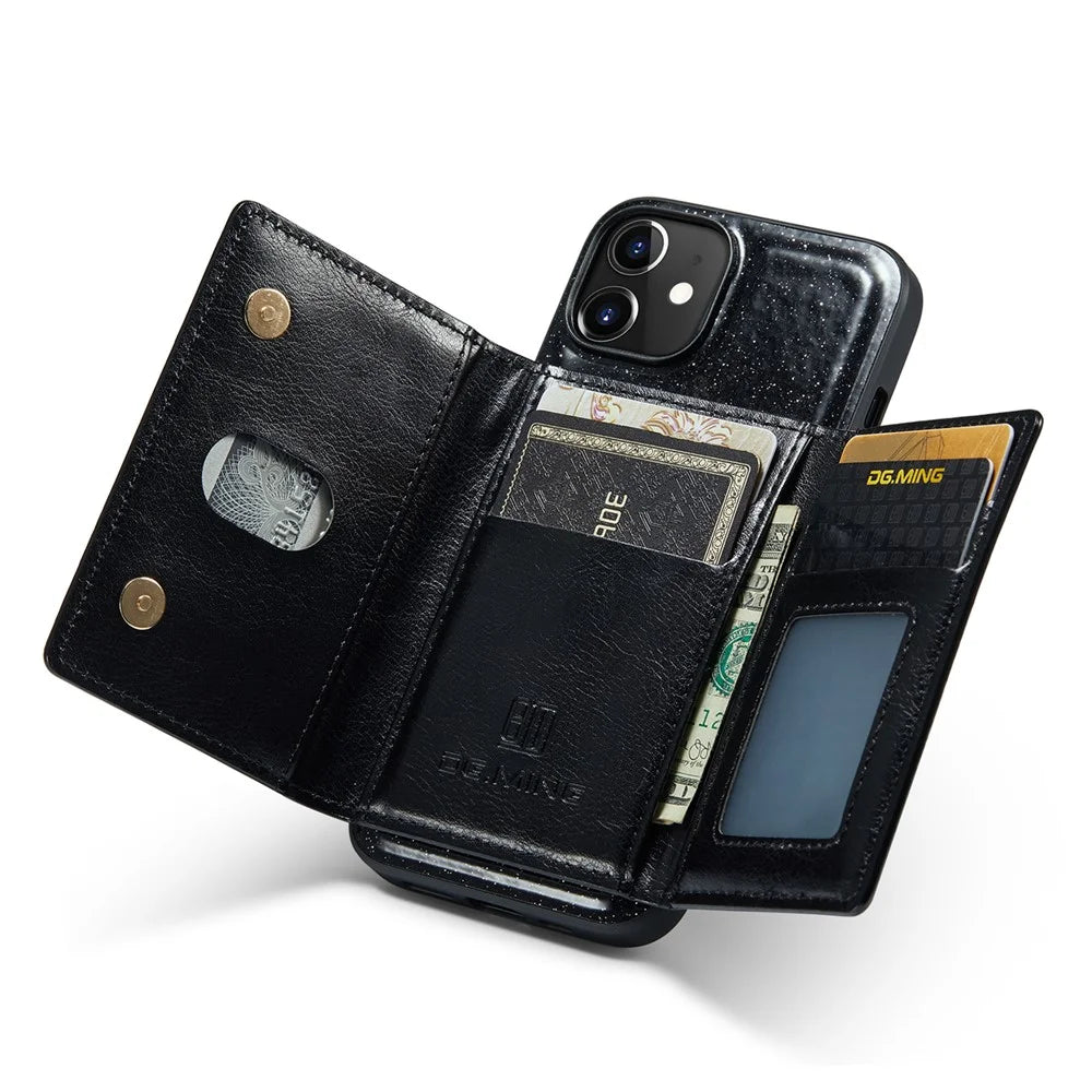 DG.MING M3 Series For iPhone 12 / 12 Pro 6.1 inch 2-in-1 Glittery PU Leather Coated PC+TPU Drop Proof Back Case Kickstand Design Magnetic Detachable Zipper Wallet Phone Cover - Black - 2