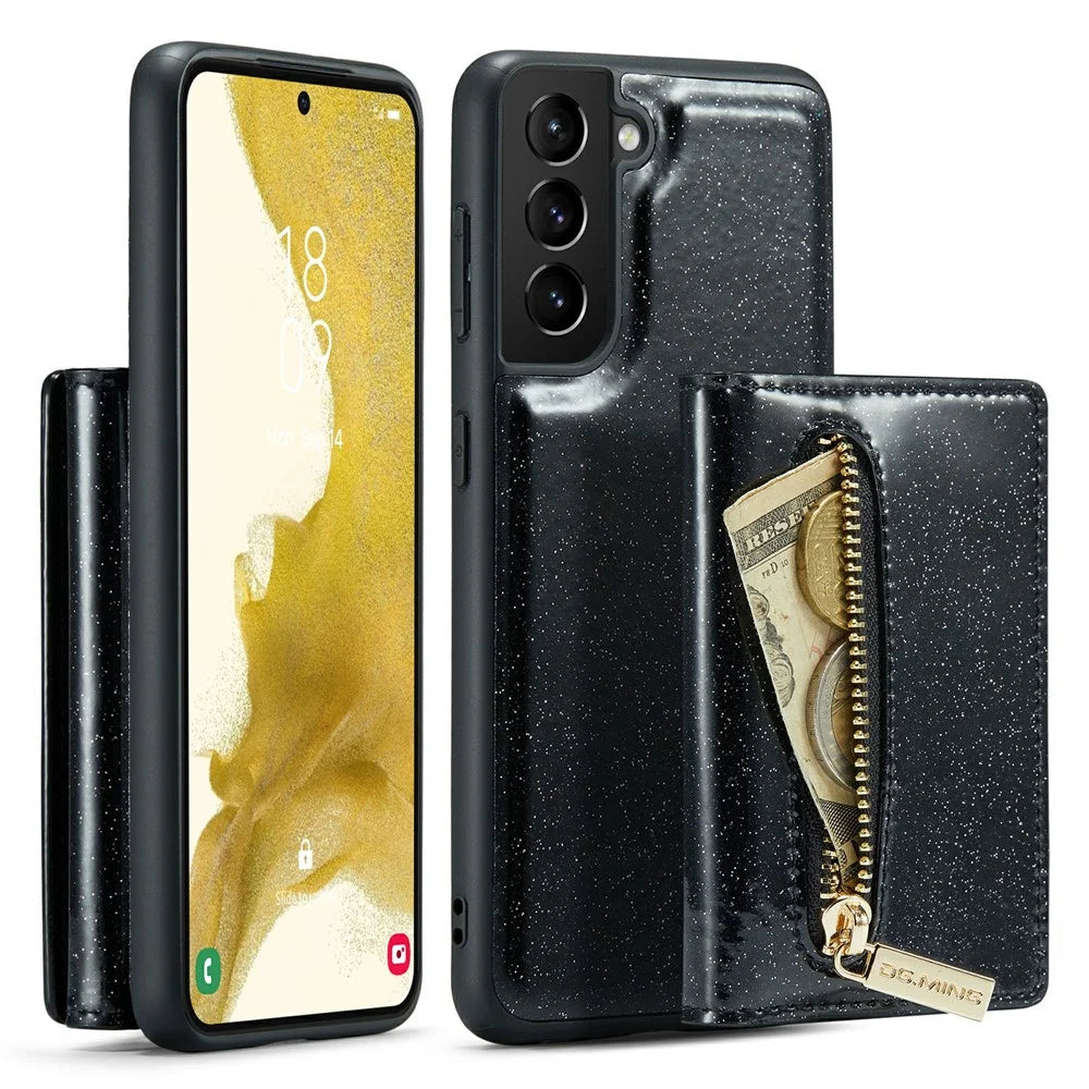 DG.MING M3 Series For Samsung Galaxy S22+ 5G Glitter Bling Powder PU Leather Magnetic Detachable Cover PC+TPU Kickstand Zipper Pocket Wallet Phone Case - Black - 1