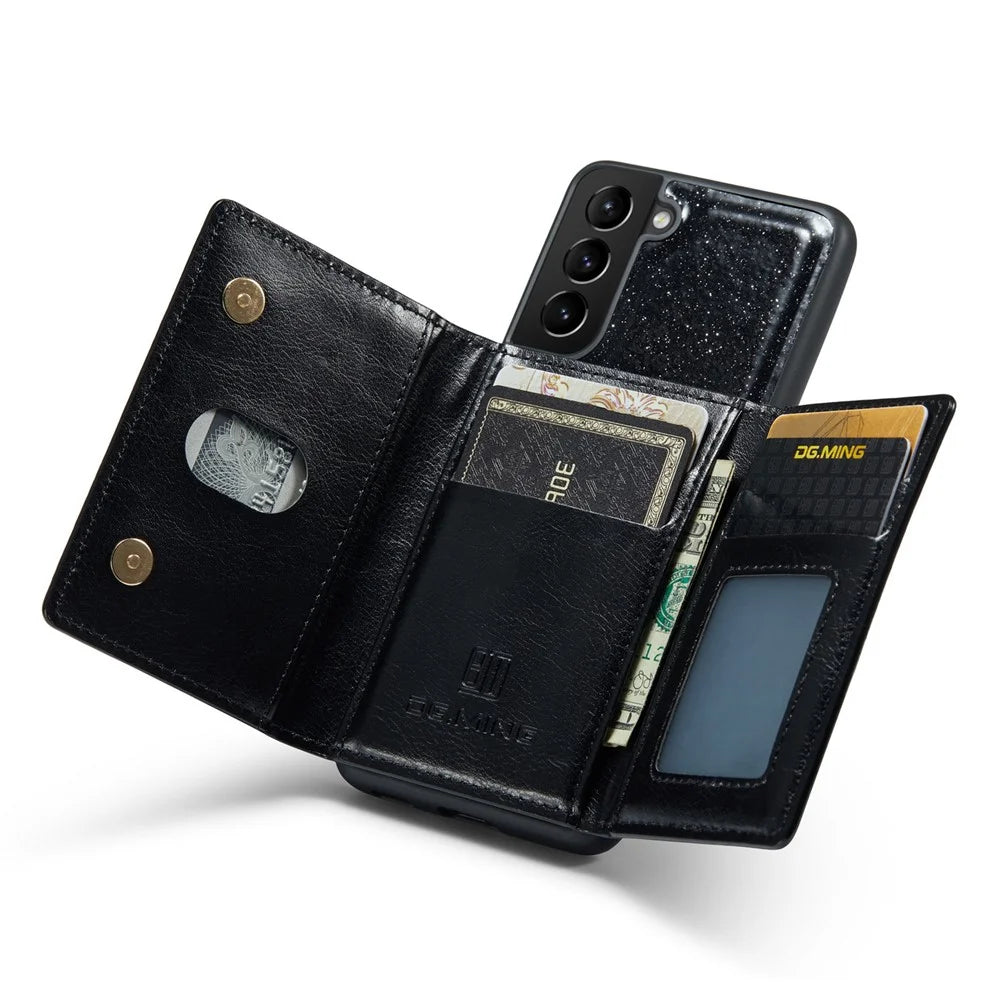 DG.MING M3 Series For Samsung Galaxy S22+ 5G Glitter Bling Powder PU Leather Magnetic Detachable Cover PC+TPU Kickstand Zipper Pocket Wallet Phone Case - Black - 2
