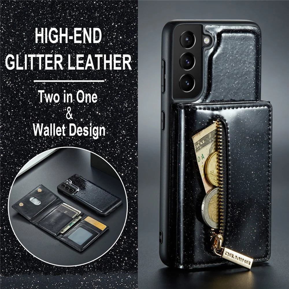 DG.MING M3 Series For Samsung Galaxy S21 FE 5G Magnetic Detachable Design Glitter Bling Powder PU Leather Cover PC+TPU Zipper Pocket Wallet Kickstand Phone Case - Black - 5