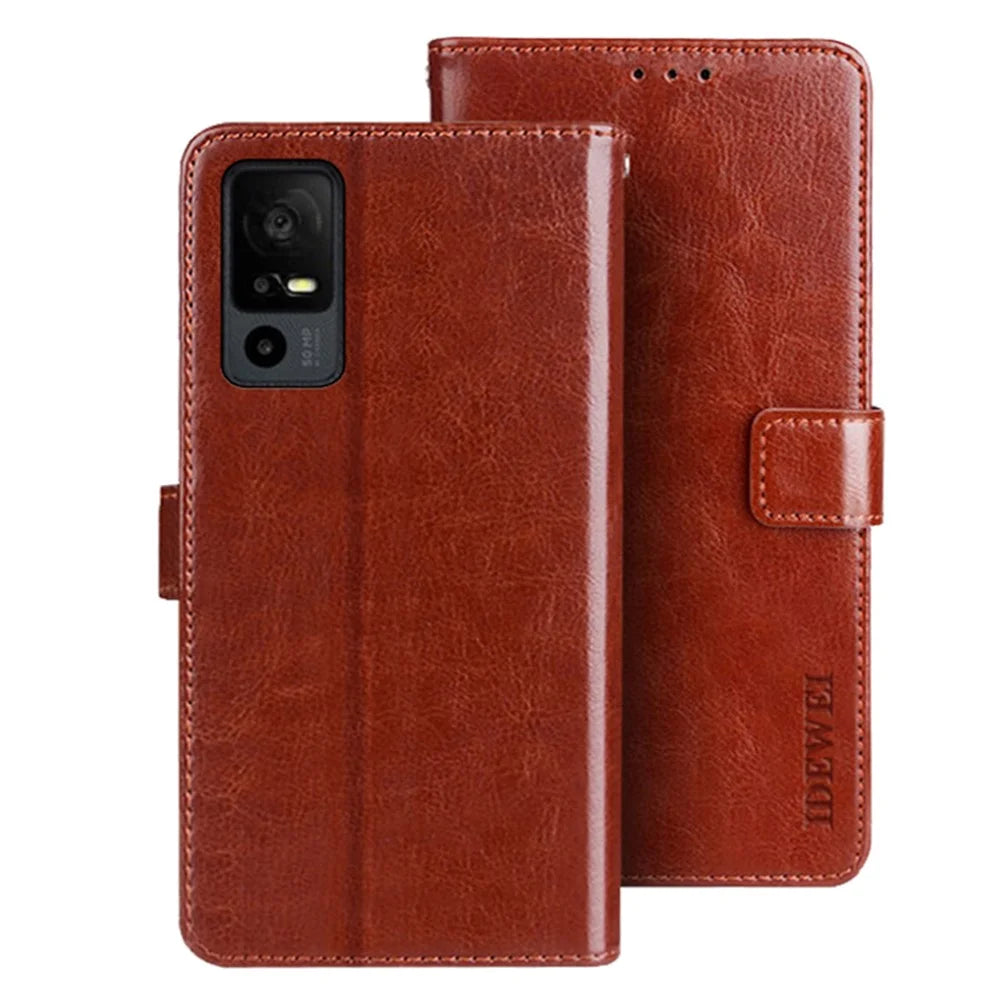 IDEWEI Folio Flip Phone Case For TCL 40R 5G, Crazy Horse Texture PU Leather Full Protection Phone Cover with Stand Wallet - Brown - 1