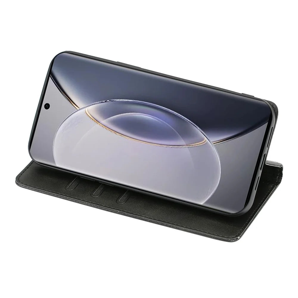 For vivo X90 Pro 5G Calf Texture PU Leather Magnetic Auto-absorbed Phone Case Full Protection Inner TPU Cover with Wallet Stand - Black - 2