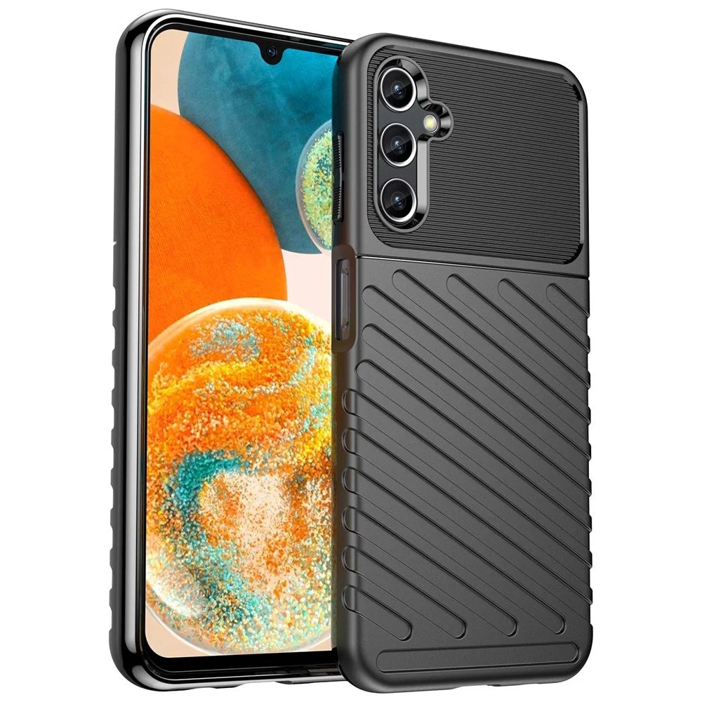 For Samsung Galaxy A14 5G / 4G Thunder Series Twill Texture Thickened TPU Phone Case Anti-drop Protection Smartphone Cover - Black - 1