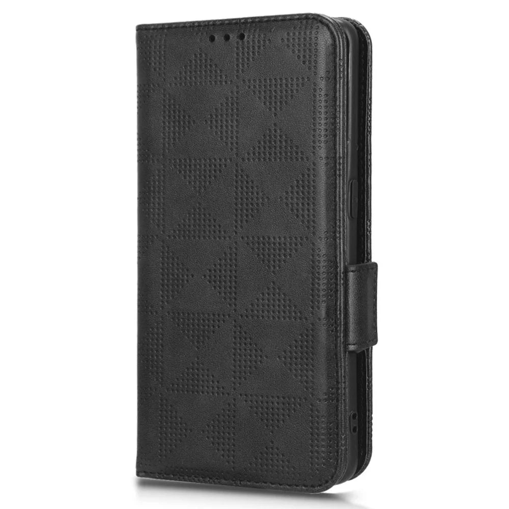 For Samsung Galaxy A34 5G Imprinted Triangle Pattern Phone Cover PU Leather Wallet Stand Cell Phone Case with Wrist Strap - Black - 5