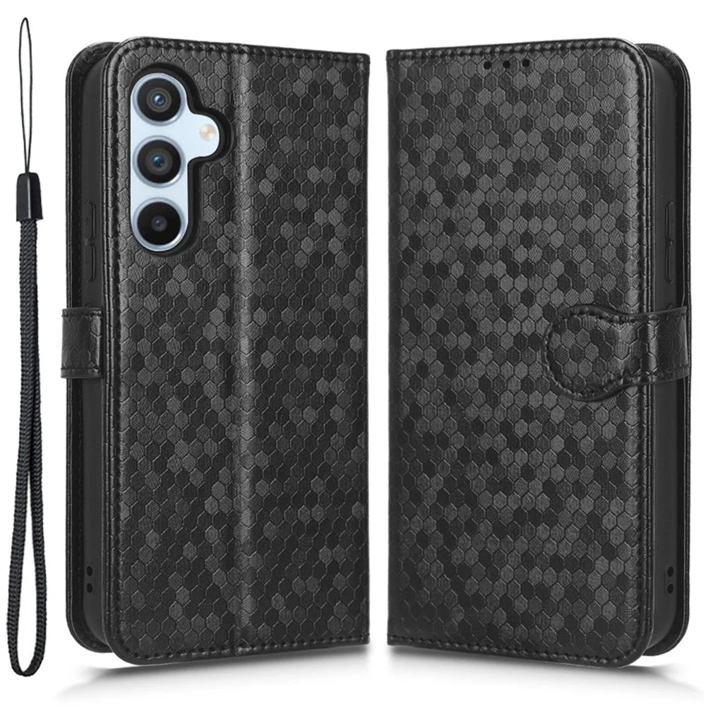 For Samsung Galaxy A54 5G Shockproof Wallet Stand Dot Pattern Imprinted Phone Cover PU Leather Case with Strap - Black - 1