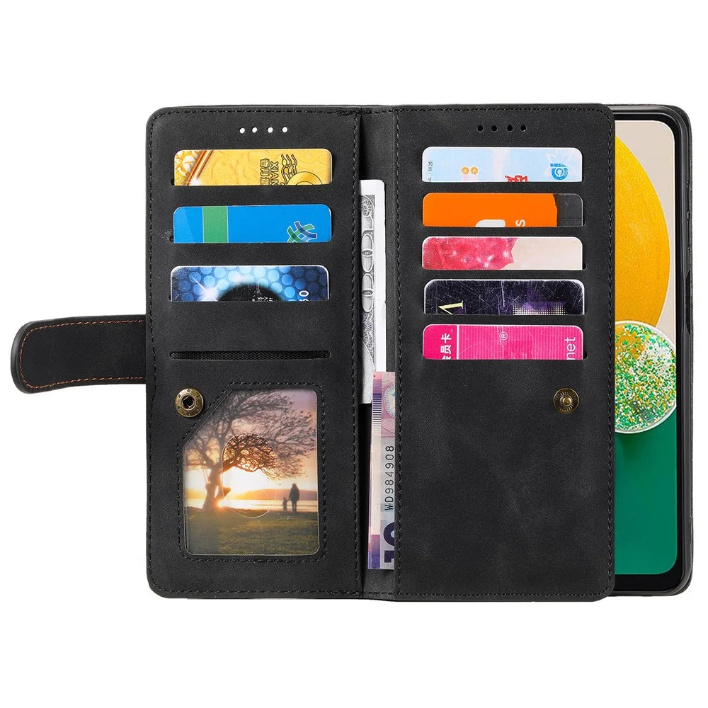Shockproof PU Leather Phone Case for Samsung Galaxy A34 5G, Zipper Pocket Design Stand Anti-Scratch Protective Cover with 9 Card Slots - Black - 2