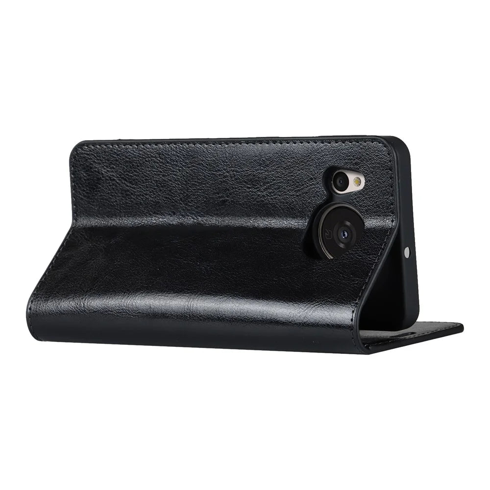 For Sharp Aquos Sense 7 Plus Supporting Stand Flip Wallet Crazy Horse Texture Genuine Leather Cover Magnetic Phone Case - Black - 4
