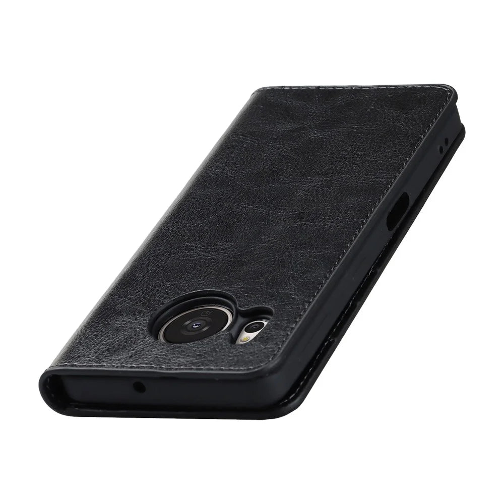 For Sharp Aquos Sense 7 Plus Supporting Stand Flip Wallet Crazy Horse Texture Genuine Leather Cover Magnetic Phone Case - Black - 5