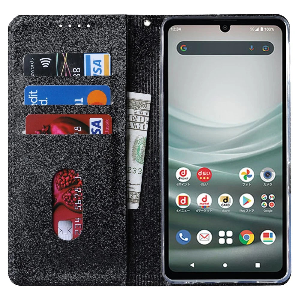 For Sharp Aquos Sense 7 Plus Scratch-resistant PU Leather Silk Texture Wallet Phone Case Stand Protector with Wrist Strap - Black - 2