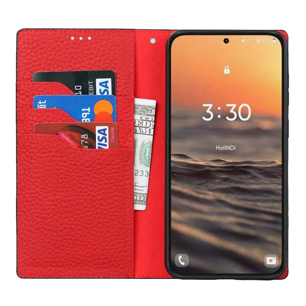 For Samsung Galaxy S23 Shockproof Litchi Texture Phone Case Flip Genuine Leather Wallet Stand Phone Protective Cover with Hand Strap - Black - 2
