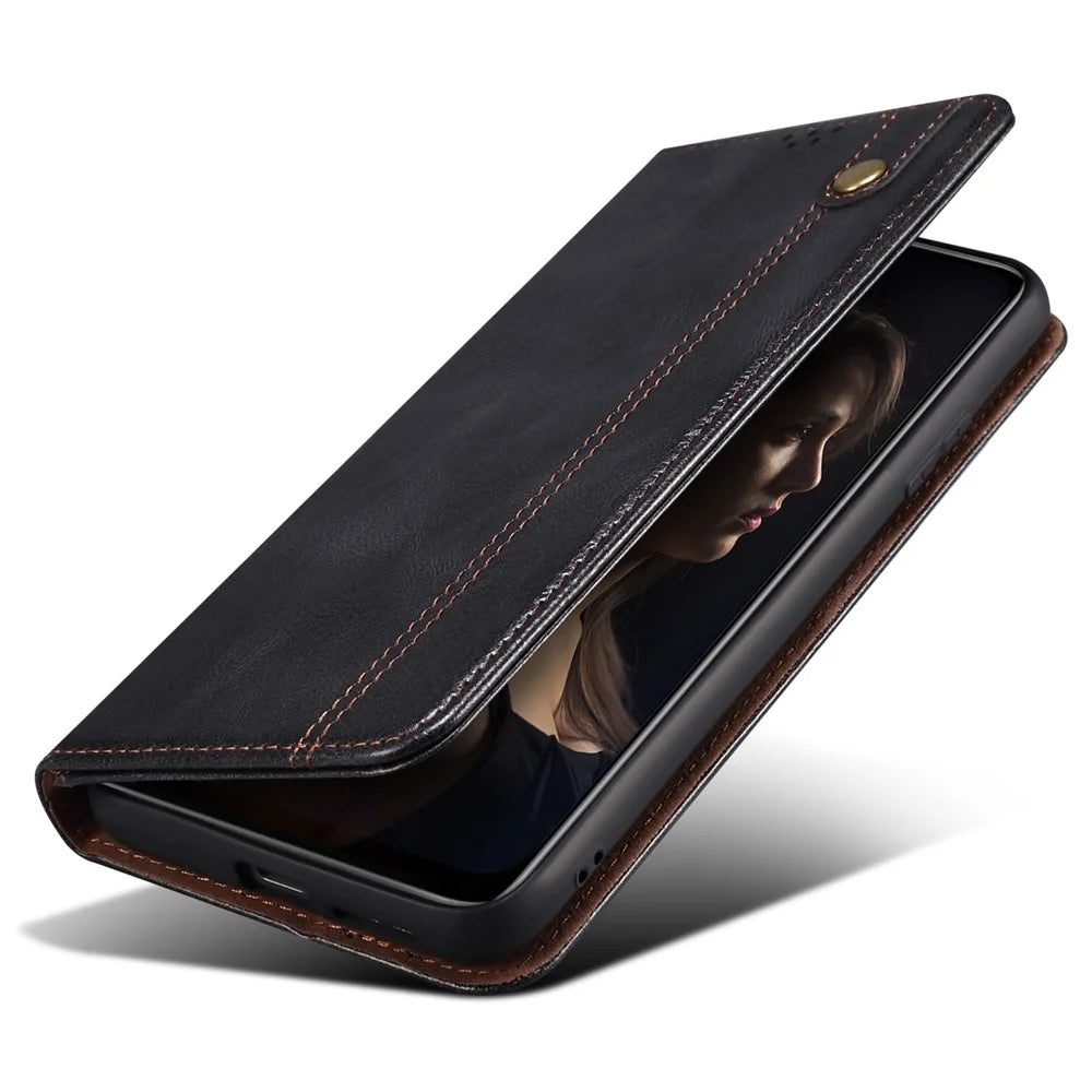 PU Leather Folio Flip Phone Cover For vivo X90 Pro 5G, Waxy Crazy Horse Texture Anti-scratch Magnetic Auto-absorbed Phone Case Stand Wallet - Black - 5