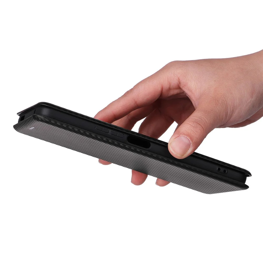 For TCL 40 SE Card Holder Carbon Fiber Texture PU Leather Case Magnetic Auto-absorbed Stand Cell Phone Cover - Black - 7