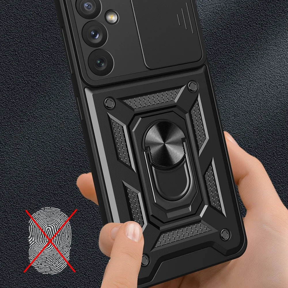 For Samsung Galaxy A34 5G Shockproof TPU+PC Case Ring Kickstand Slide Camera Protector Anti-Scratch Back Cover - Black - 5