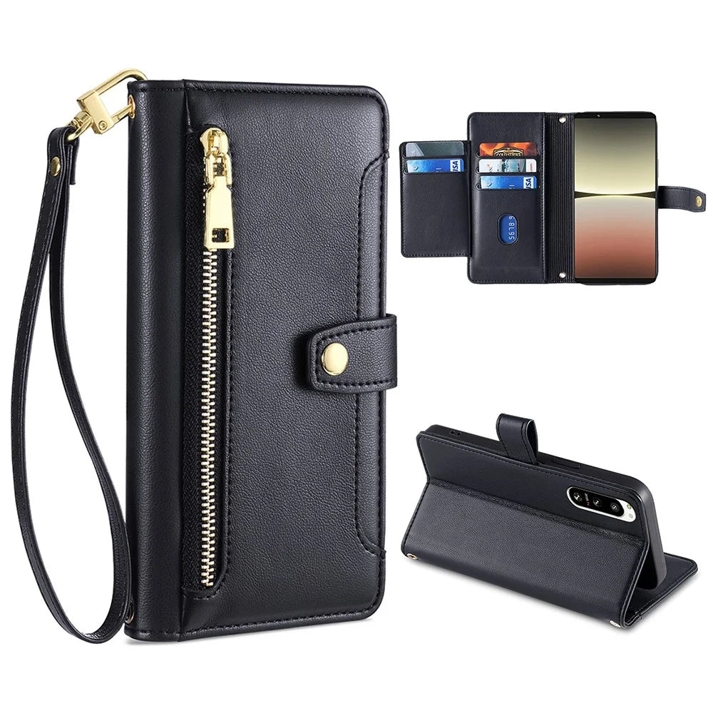 For Sony Xperia 5 IV 5G Book Style PU Leather Stand Case Zipper Pocket Card Slots Flip Phone Cover with Wrist Strap and Shoulder Strap - Black - 1