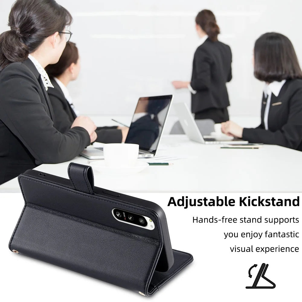 For Sony Xperia 5 IV 5G Book Style PU Leather Stand Case Zipper Pocket Card Slots Flip Phone Cover with Wrist Strap and Shoulder Strap - Black - 7