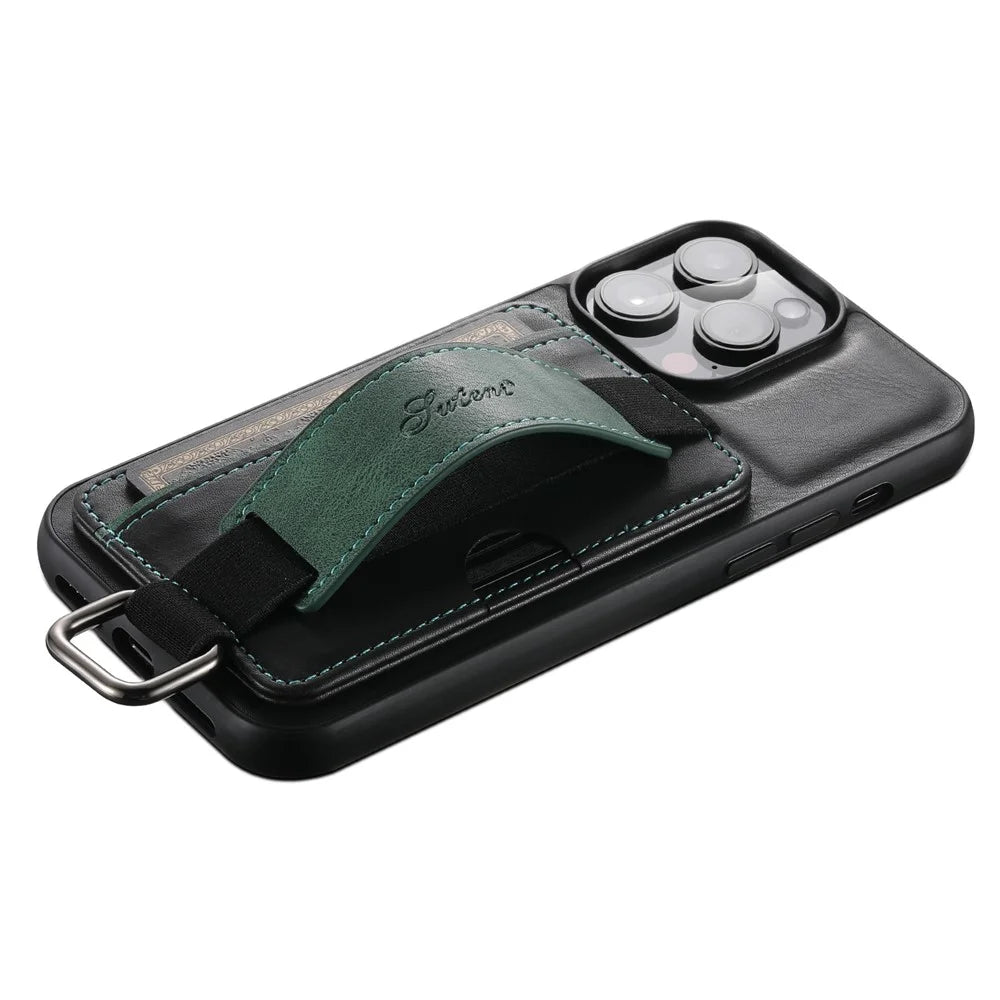SUTENI H13 For iPhone 13 Pro Max 6.7 inch Card Slot Band Loop Holder Kickstand PU Leather Coated TPU Protective Phone Cover - Black - 2