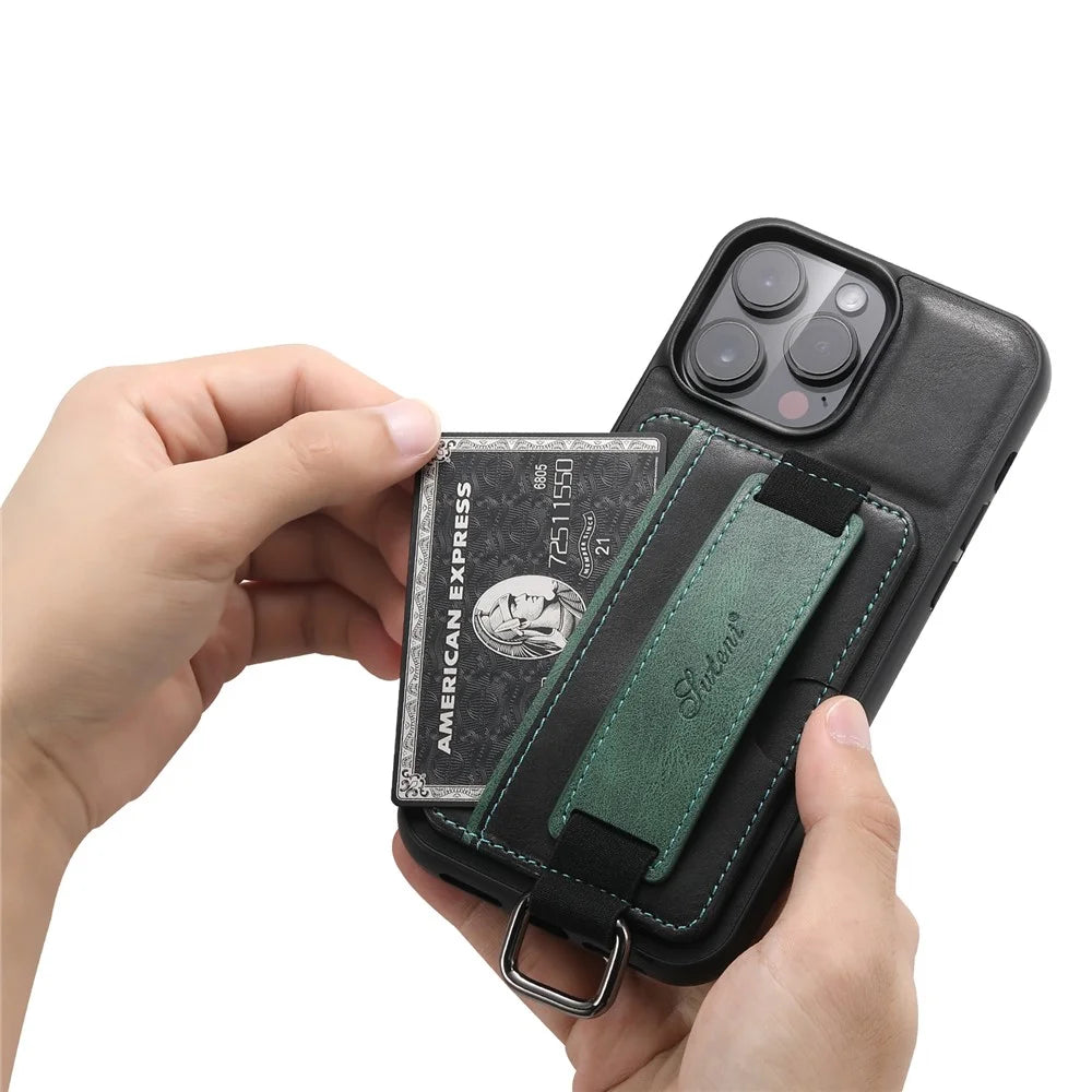SUTENI H13 For iPhone 13 Pro Max 6.7 inch Card Slot Band Loop Holder Kickstand PU Leather Coated TPU Protective Phone Cover - Black - 3