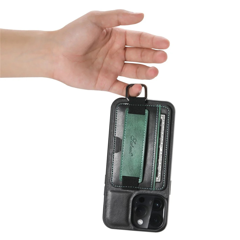 SUTENI H13 For iPhone 13 Pro Max 6.7 inch Card Slot Band Loop Holder Kickstand PU Leather Coated TPU Protective Phone Cover - Black - 6