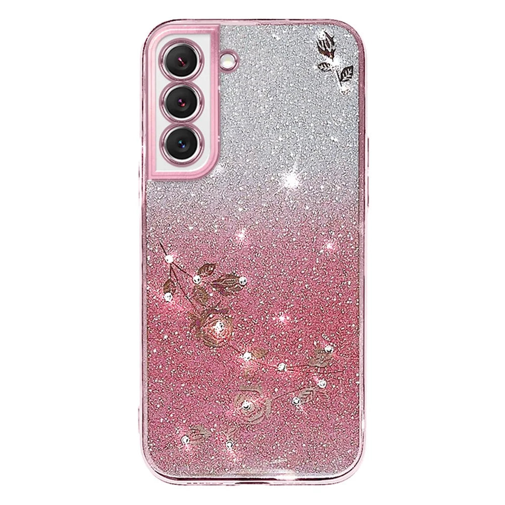 KADEM Rhinestone Design Smartphone Case for Samsung Galaxy S22 5G, Anti-Scratch Flower Pattern Decor Glitter Powder Gradient Color TPU Phone Cover - Rose Gold - 1