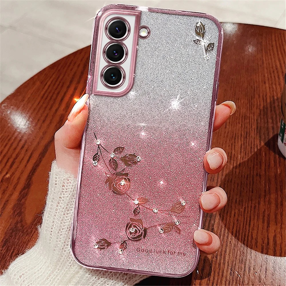 KADEM Rhinestone Design Smartphone Case for Samsung Galaxy S22 5G, Anti-Scratch Flower Pattern Decor Glitter Powder Gradient Color TPU Phone Cover - Rose Gold - 2