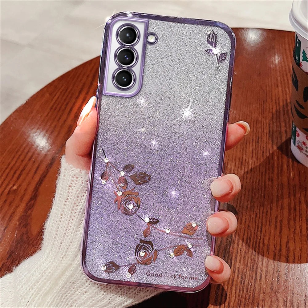 KADEM For Samsung Galaxy S21 5G Dustproof Phone Cover Flower Pattern Decor Rhinestone Design Glitter Powder Gradient Color TPU Smartphone Case - Purple - 1