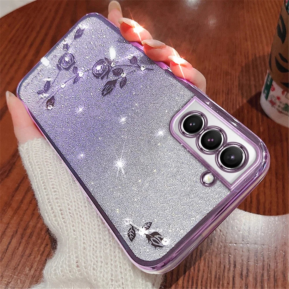 KADEM For Samsung Galaxy S21 5G Dustproof Phone Cover Flower Pattern Decor Rhinestone Design Glitter Powder Gradient Color TPU Smartphone Case - Purple - 2