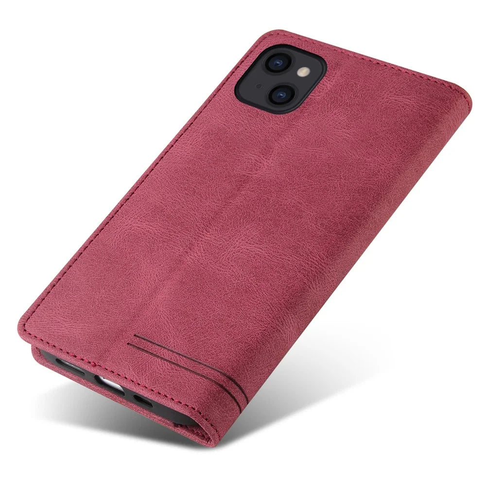 GQ.UTROBE 008 Series For iPhone 14 Plus Fall Proof RFID Blocking Skin-touch Feeling PU Leather Stand Wallet Phone Case - Wine Red - 5